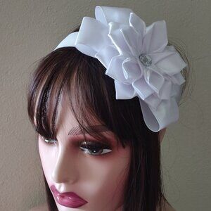 White elastic headband with bun and satin ribbon flower for women and girls